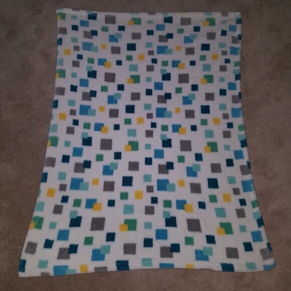 Little Miracles Fleece Baby Blanket Lovey Blue Gray Yellow Green Teal Squares - Picture 3 of 5
